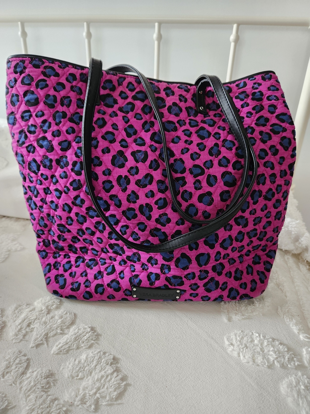 Vera Bradley Bright Pink Leopard Quilted Tote Bag with Black Trim